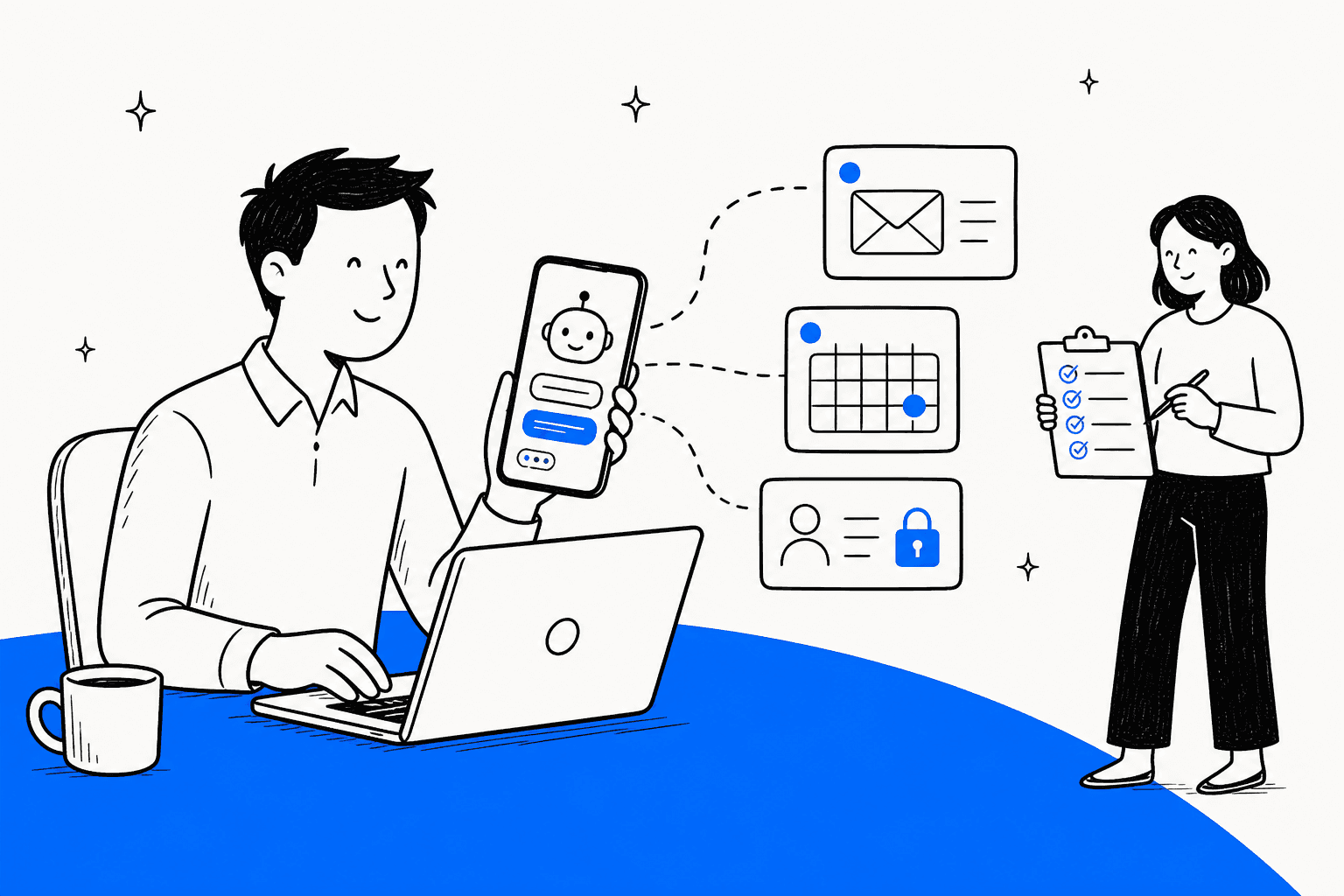 Hand-drawn illustration of an office worker at a laptop holding a phone with an AI agent chat, dashed lines to email, calendar and locked badge cards, while a colleague reviews an IT checklist