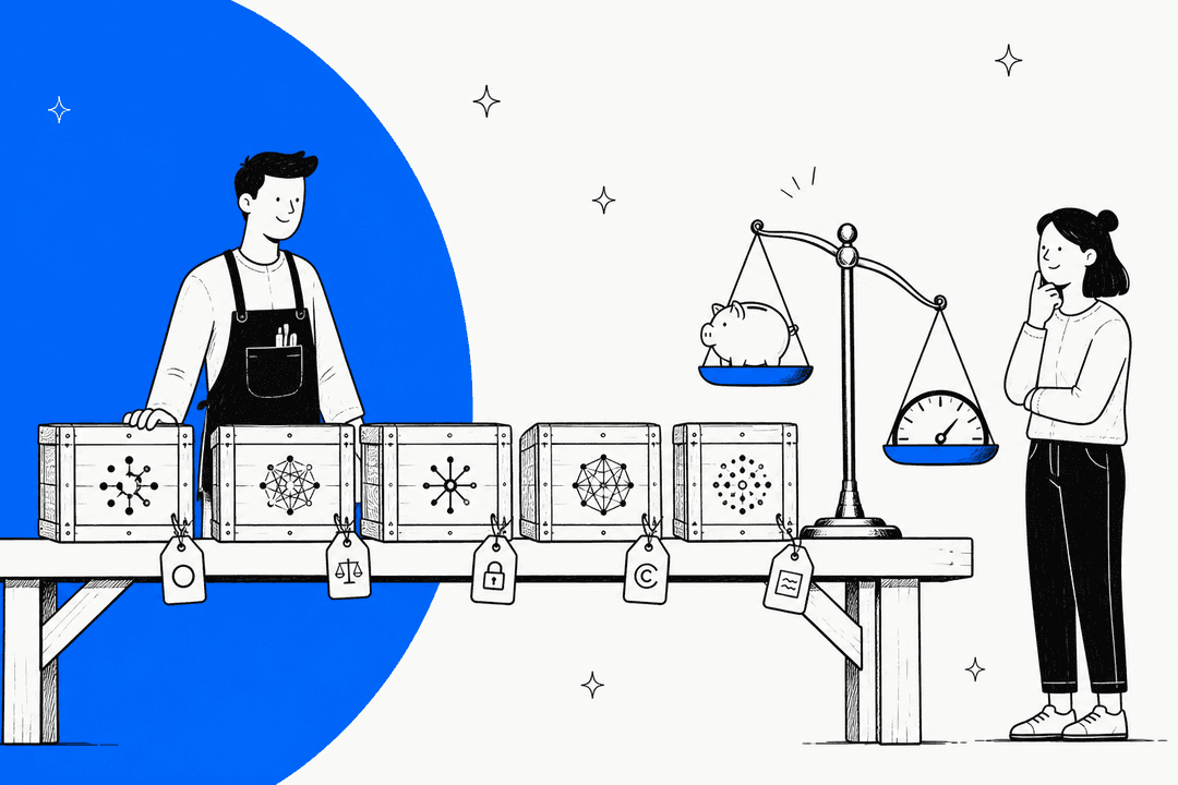 Ilustração desenhada à mão de uma bancada com caixas de pesos de modelos, cada uma com uma etiqueta de licença diferente, ao lado de uma balança que pesa preço contra pontuação em benchmarks, para um panorama de alternativas ao Meta Muse Spark Open
