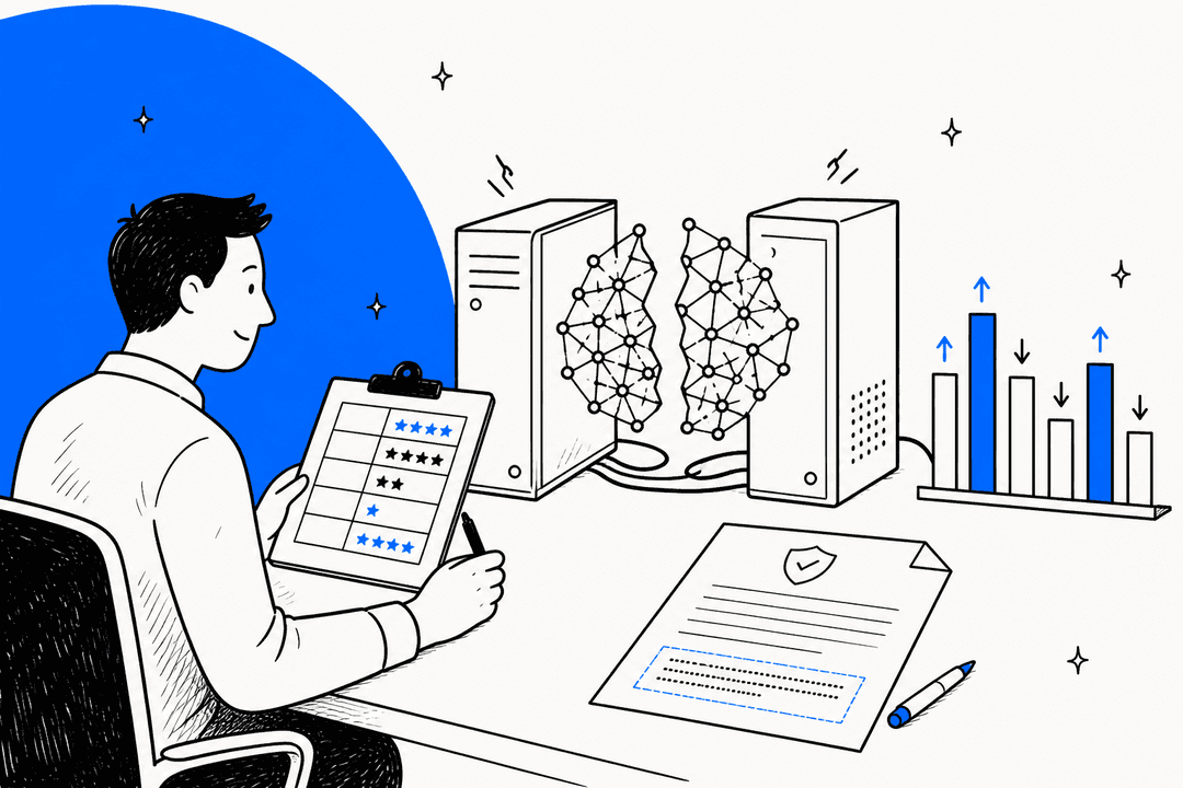 Handgezeichnete Illustration eines Testers, der ein großes KI-Modell bewertet, das auf zwei Desktop-Computer verteilt ist, mit einem Lizenzdokument und gemischten Benchmark-Balken, für einen Test von Meta Muse Spark Open