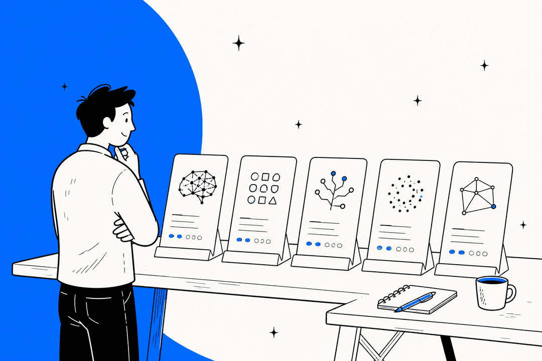 Hand-drawn illustration of a developer comparing five AI model cards lined up on a test bench, for a roundup of Meta Muse Wonder alternatives