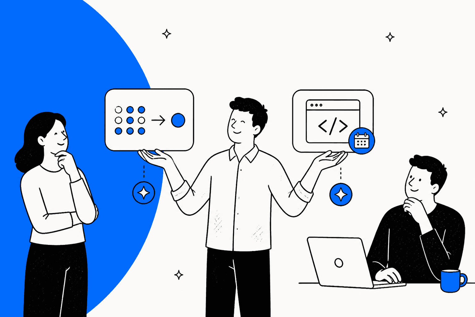 Hand-drawn illustration of three people weighing a per-token pricing card against a monthly coding plan card for Meta Muse Wonder pricing