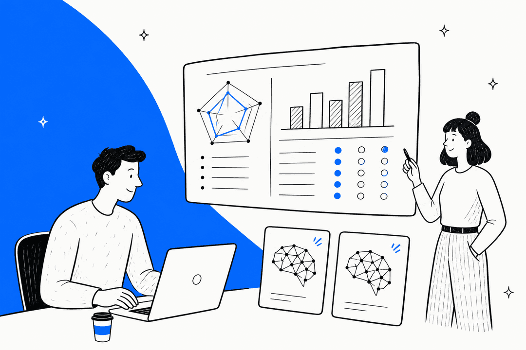 Hand-drawn illustration of two people reviewing a benchmark scorecard and two AI model cards for a Meta Muse Wonder review