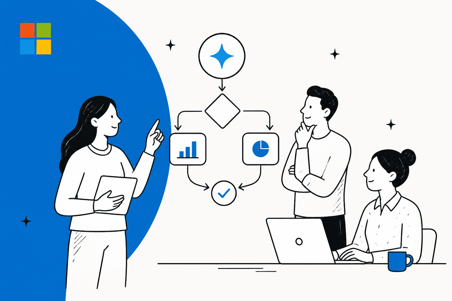 Hand-drawn hero banner with the Microsoft logo on a blue band, a decision flowchart splitting into two outcomes and joining at a check mark, and three people at a desk reviewing it