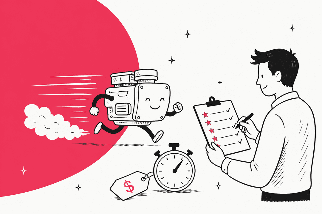Hand-drawn illustration of a smiling little engine running past a stopwatch and a price tag while a reviewer marks a report card, on a coral red shape