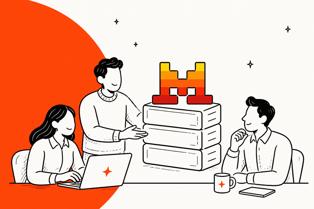 Hand-drawn illustration of three people around a table discussing a stack of server blocks topped with the Mistral logo