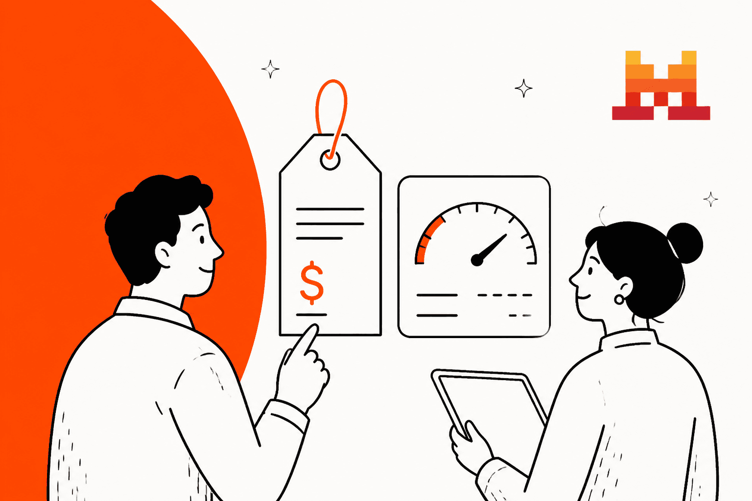 Hand-drawn illustration of two people looking at a price tag and a speed gauge next to the Mistral logo