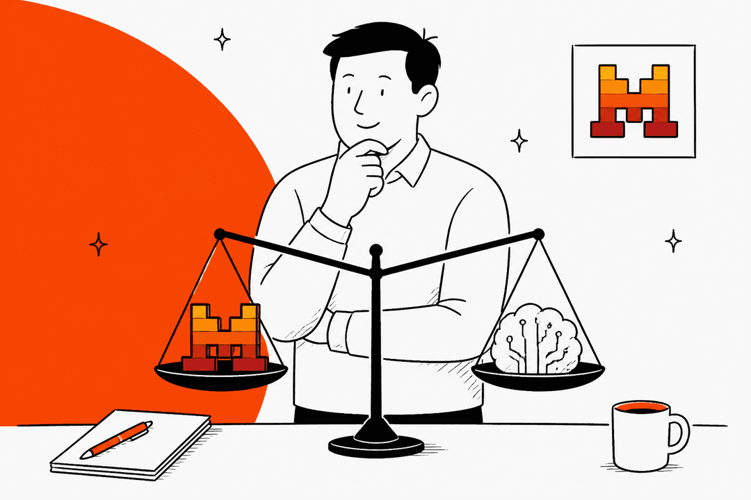 Hand-drawn illustration of a reviewer weighing a new AI model on a scale, with the Mistral logo