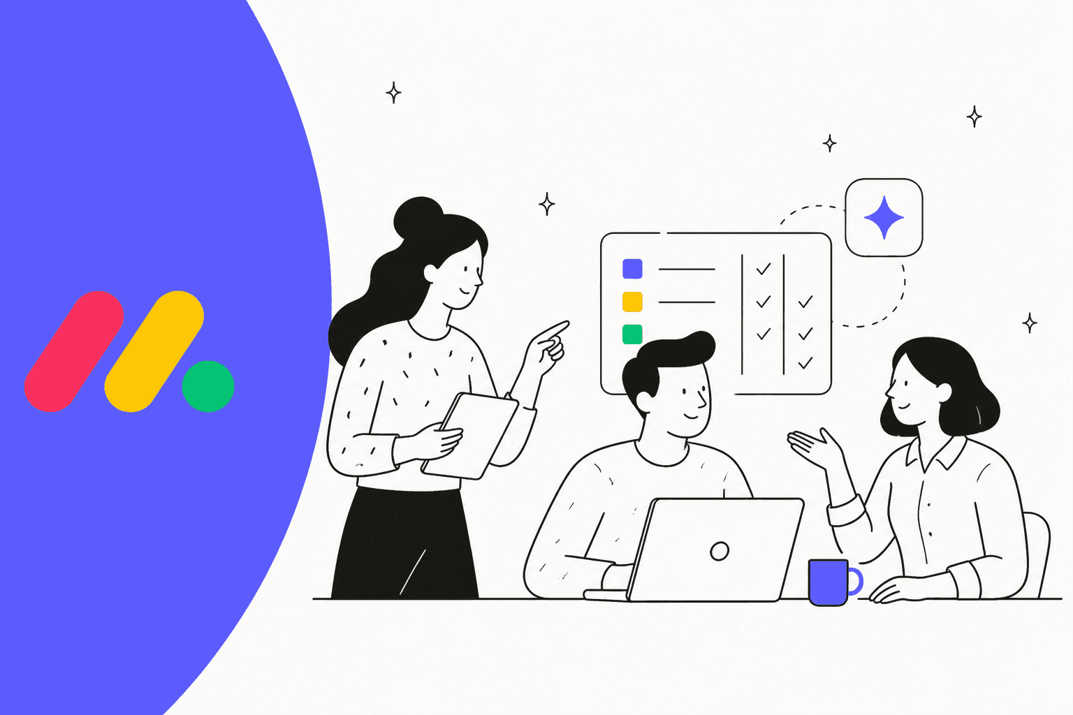 Illustrated banner for a guide to monday.com AI, showing three teammates around a board with an AI sparkle badge