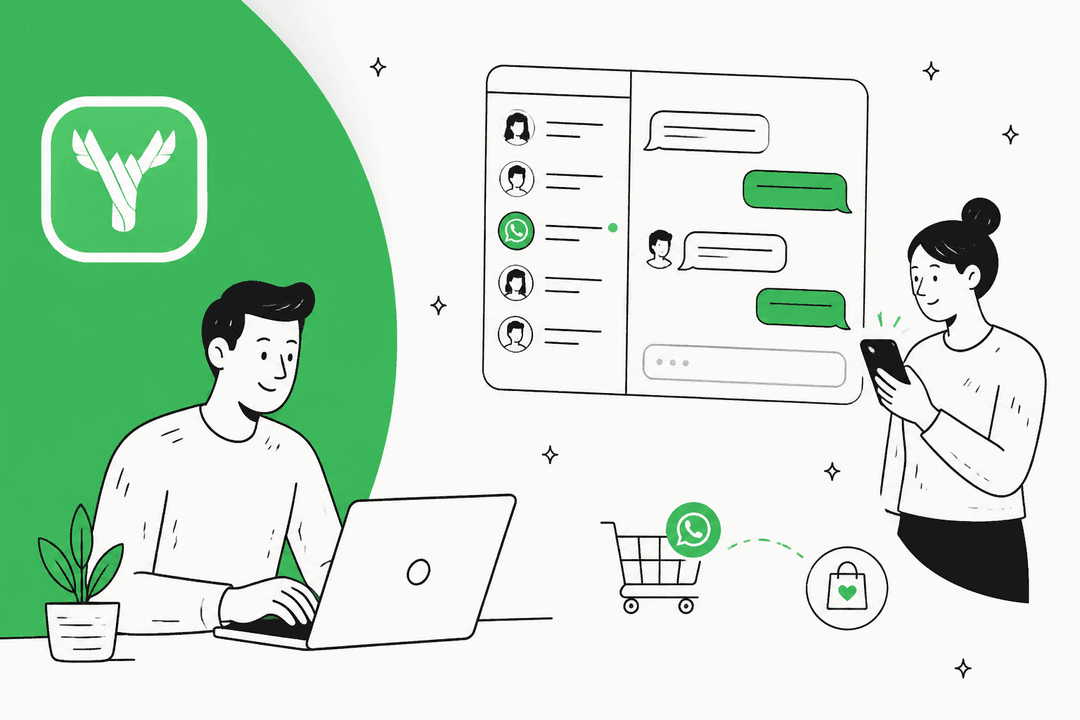 Hand-drawn illustration of a merchant at a laptop and a shopper on her phone, with a WhatsApp-style inbox between them, a shopping cart linked to a bag, and a bold green shape behind the Moose app icon