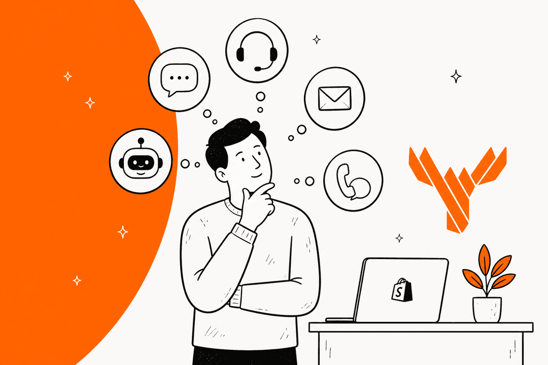 Hand-drawn hero banner in MooseDesk orange showing a Shopify store owner at a laptop thinking about chat, email, AI bot and phone support options, with the MooseDesk logo beside him