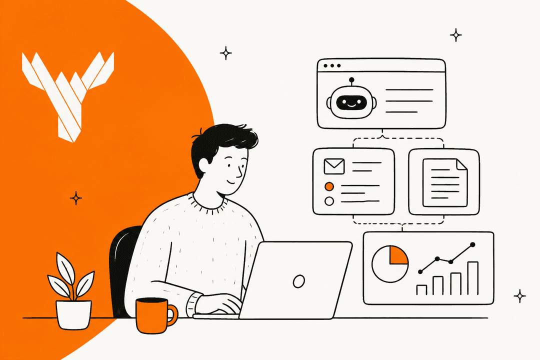 Hand-drawn illustration of a person at a laptop next to a chatbot, inbox and reports panels, with the MooseDesk logo on an orange shape