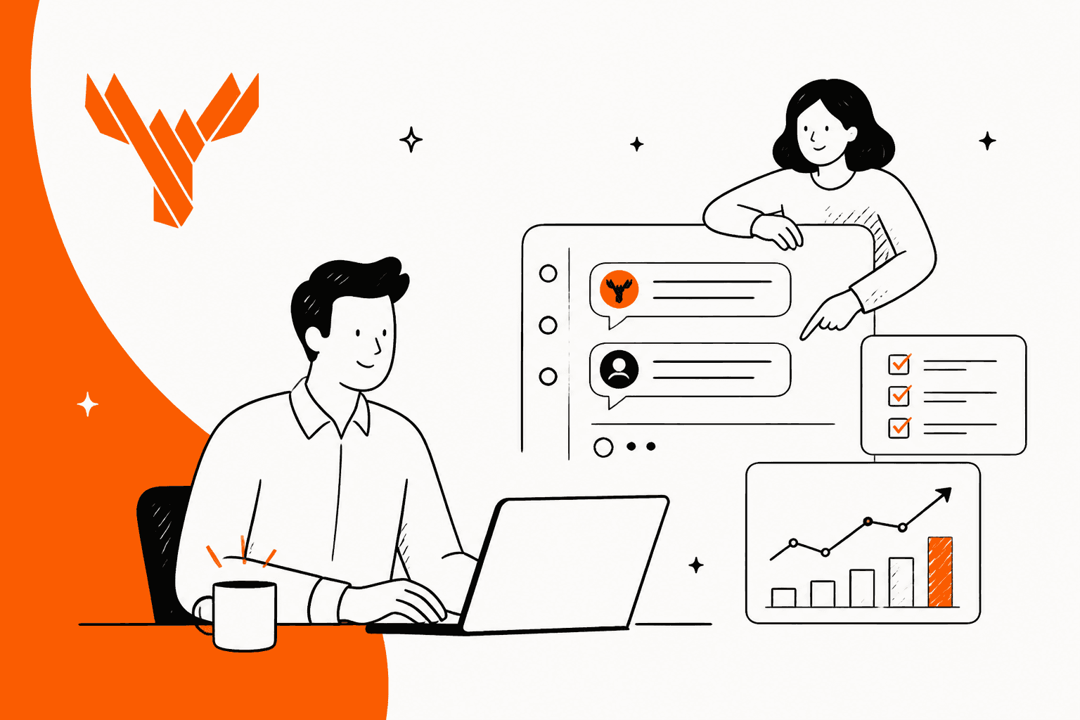 MooseDesk review hero banner in MooseDesk orange, a store owner at a laptop beside a chat inbox, a checklist and a rising chart, with the MooseDesk antler logo on an orange band