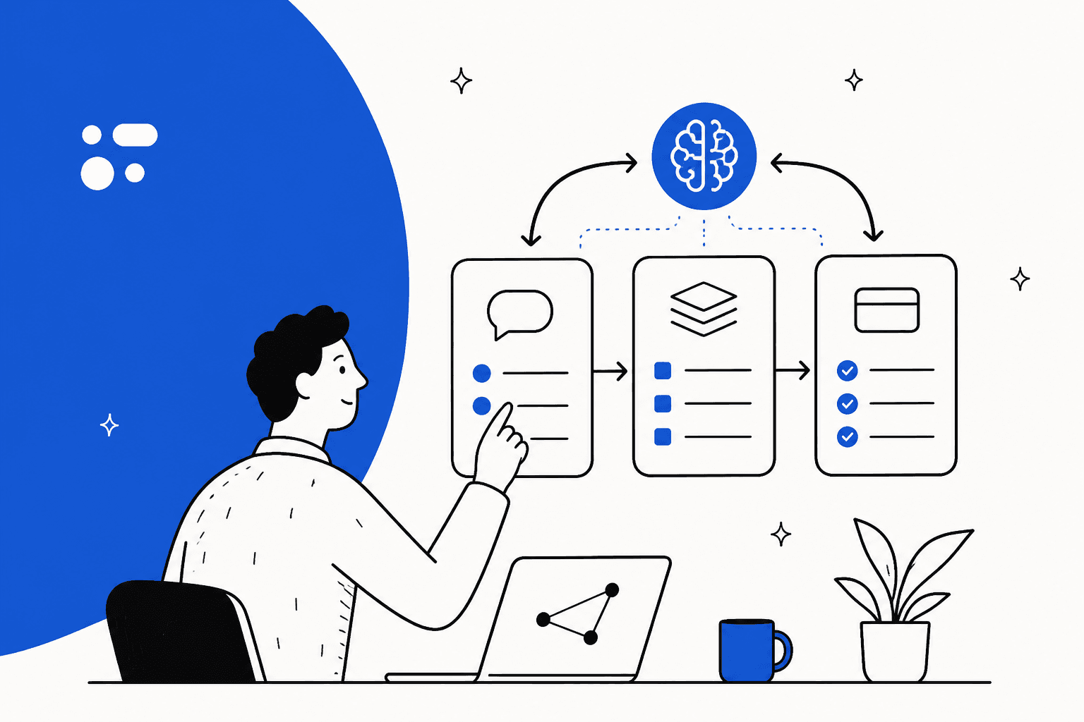 Illustration of a person mapping an AI agent workflow beside a blue color block, for a guide to Moveo AI pricing in 2026