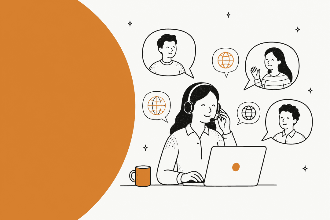 Hand-drawn illustration of a support agent with a headset at a laptop, surrounded by speech bubbles from customers and globe icons for different languages