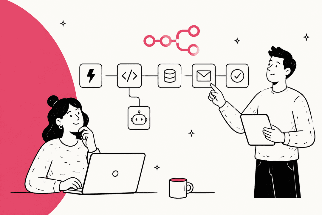 Ilustración dibujada a mano de dos personas construyendo un workflow de n8n con nodos conectados, con el logotipo de n8n