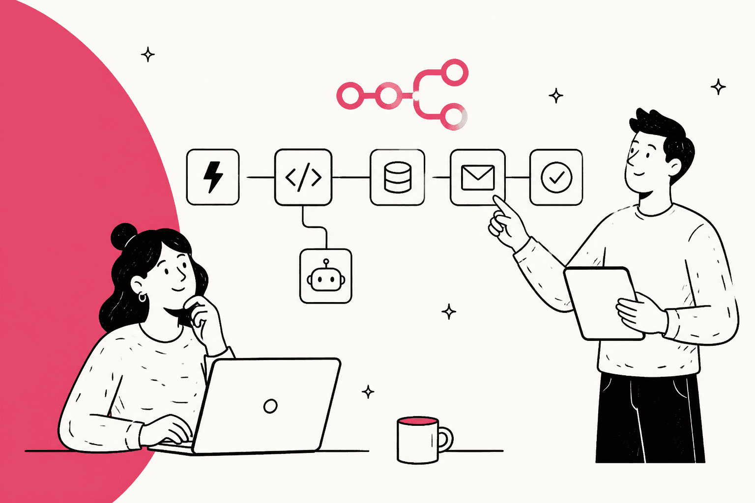 Ilustración dibujada a mano de dos personas construyendo un workflow de n8n con nodos conectados, con el logotipo de n8n
