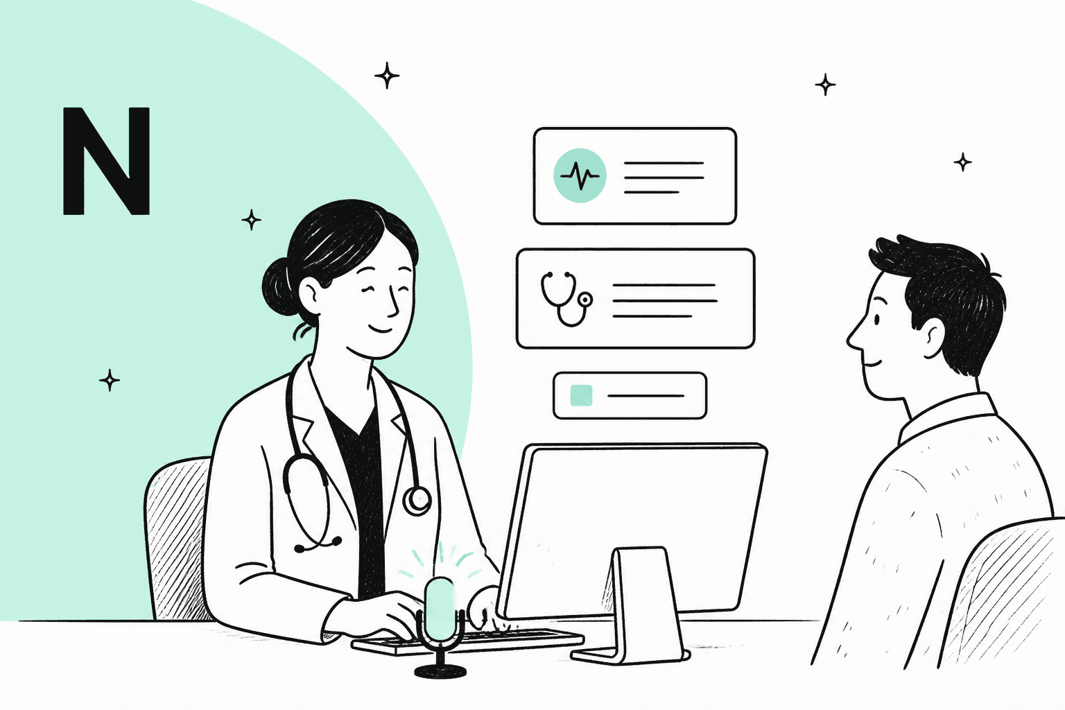Hand-drawn doctor at a desk with a microphone and a Nabla logo on a mint half circle