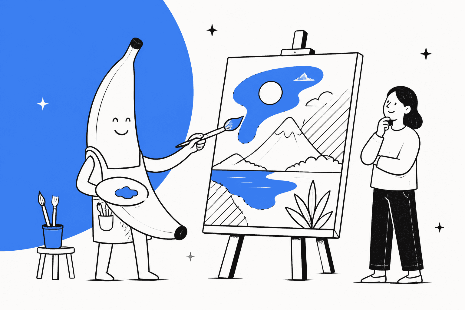 Hand-drawn illustration of a cheerful banana character painting and editing a landscape on an easel while a person watches, representing Google's Nano Banana 2.1 image model