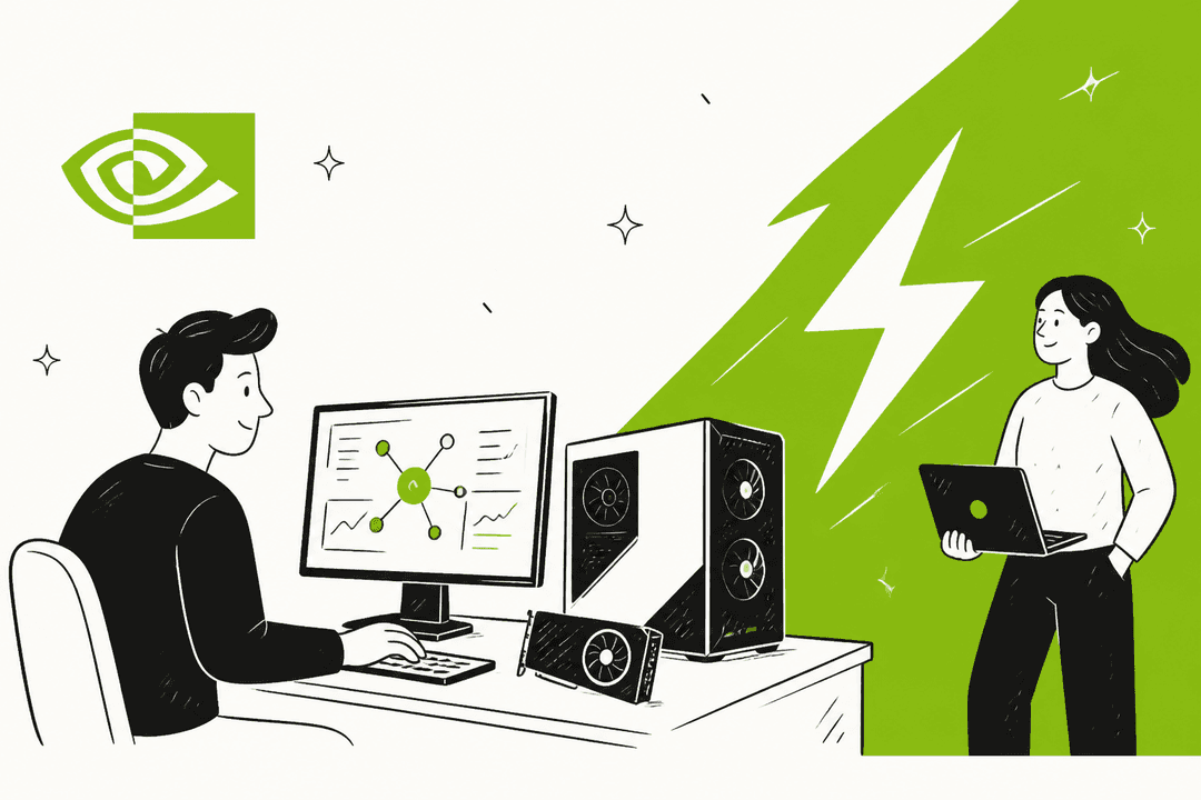 A developer at a desktop PC with a graphics card running a local AI model, next to the NVIDIA logo and a large lightning bolt, in NVIDIA green
