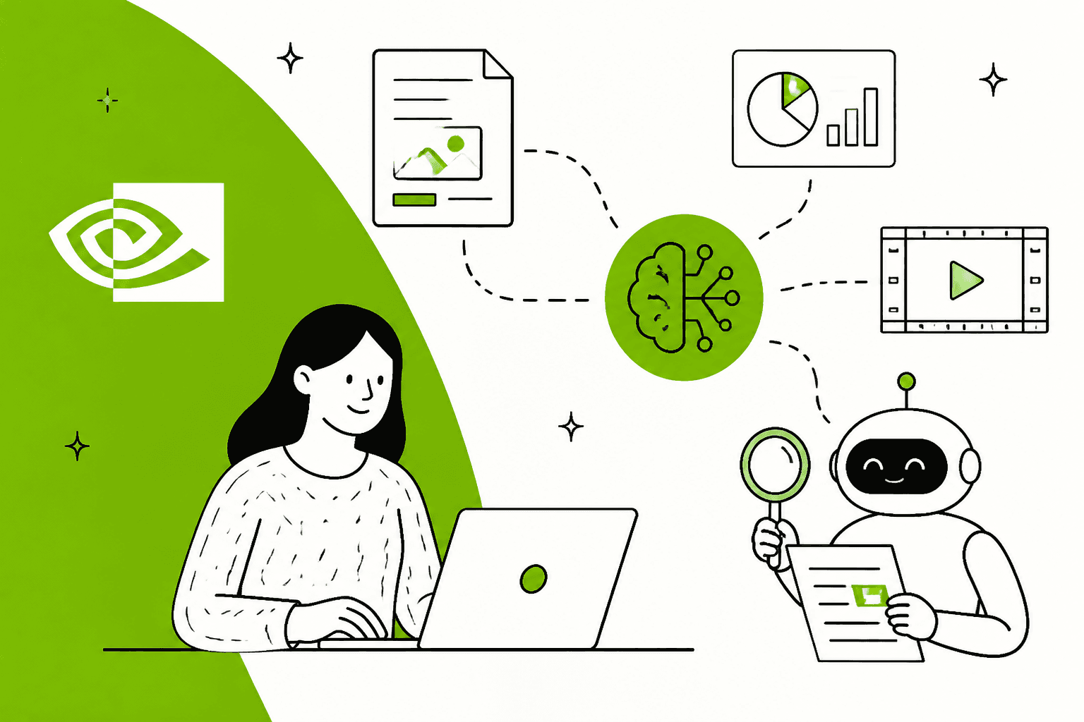 ノートパソコンの前の人物とNVIDIAのロゴの横で、親しみやすいロボットが文書を読んでいる。グラフ、動画フレーム、ページが中央のAIノードにつながっている。NVIDIAグリーン