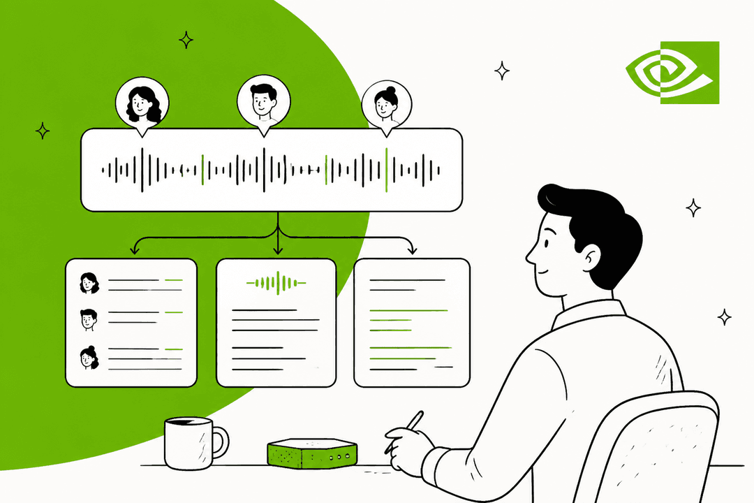 Hand-drawn illustration of a person at a desk watching one multi-speaker audio waveform split into a speaker-labelled transcript, an audio card and a translated text card, next to the NVIDIA logo