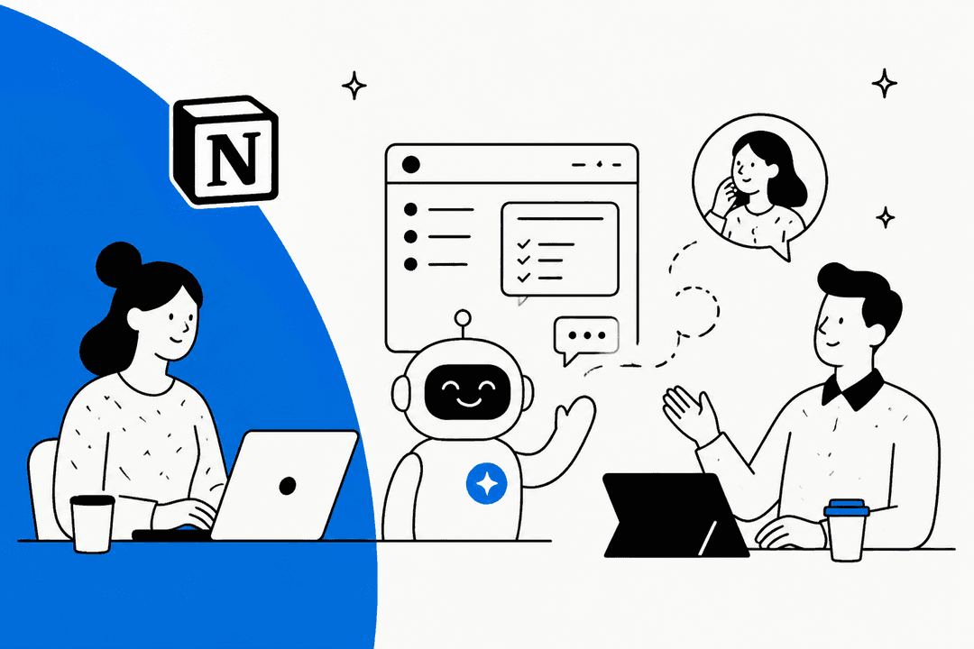Hand-drawn illustration of two support teammates working beside a friendly AI agent, with the Notion logo on a bold blue shape and a chat window between them