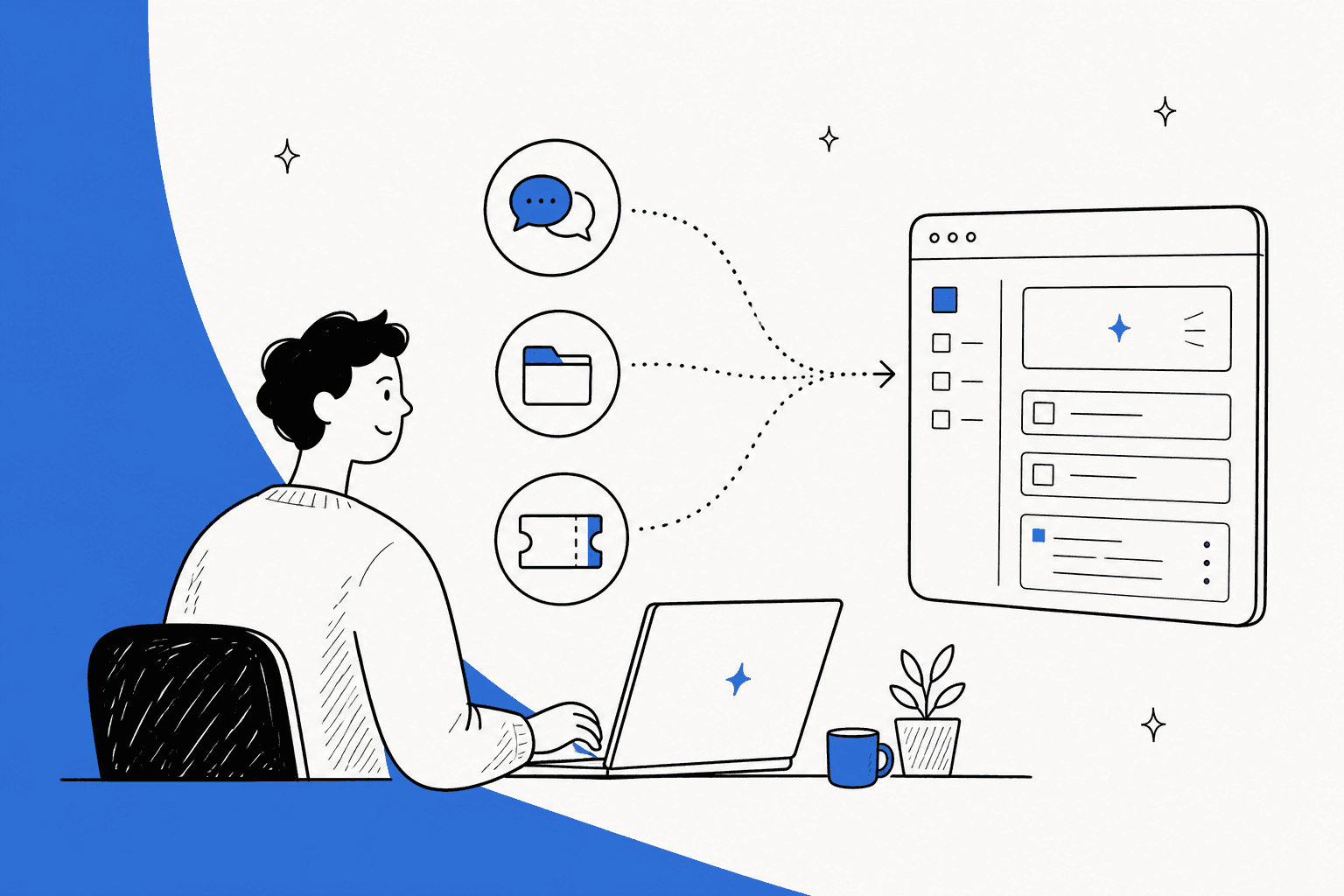 Illustration of a person connecting chat, file and ticket apps into one Notion AI workspace