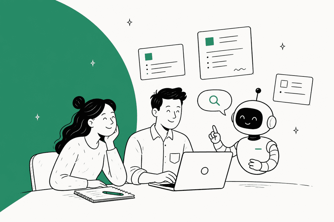 Illustration of two people at a laptop with a friendly robot assistant and floating document cards