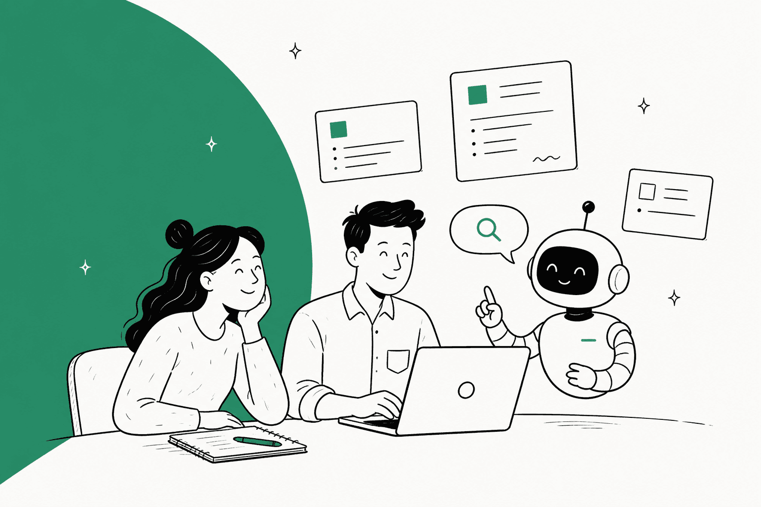 Illustration of two people at a laptop with a friendly robot assistant and floating document cards