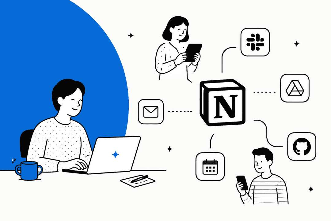 Hand-drawn person at a laptop beside a blue half circle, with the Notion logo linked to Slack, Google Drive, GitHub and calendar icons
