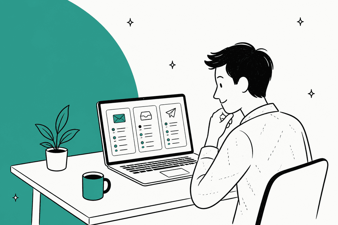 Illustrated person comparing email app options on a laptop beside a teal color block
