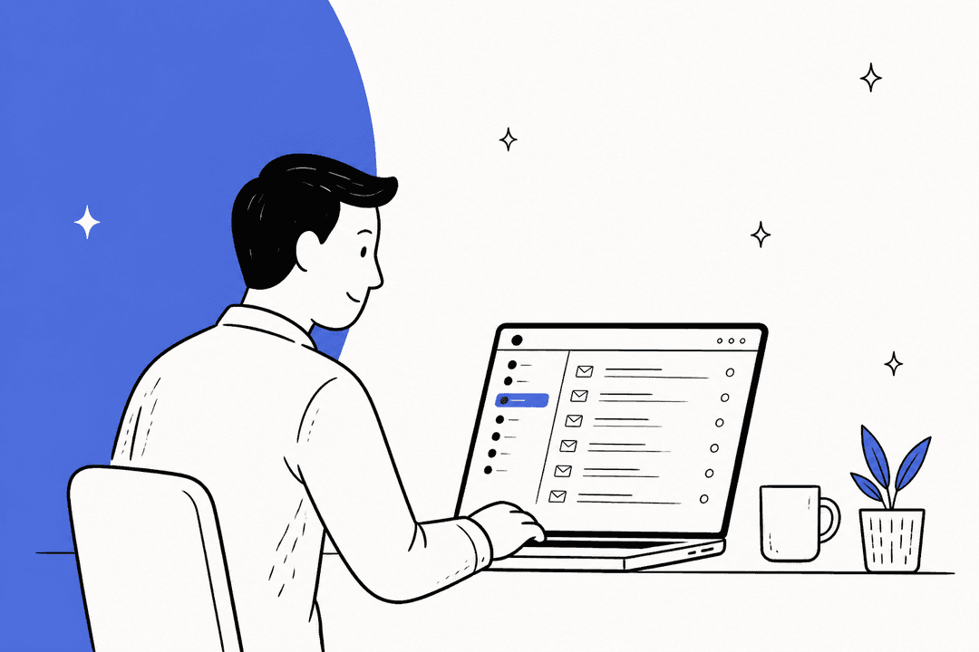 Illustrated person at a laptop reading an email inbox beside a blue color block