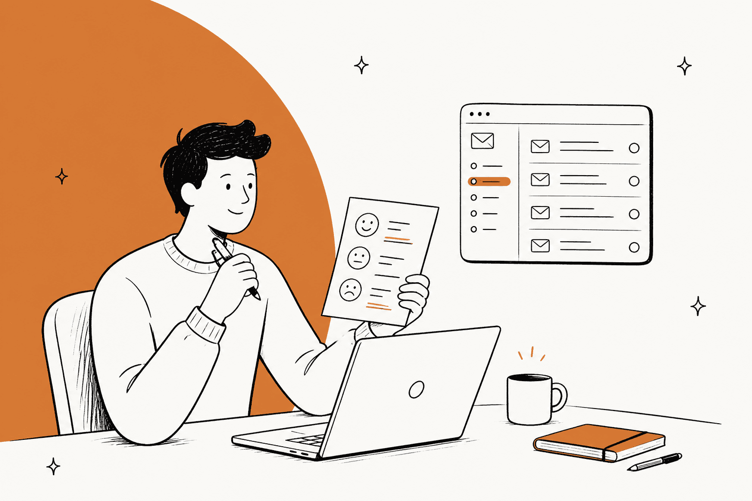 Illustrated person reading a feedback sheet beside a laptop and an orange color block