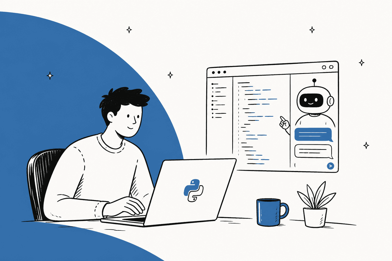 Developer at a laptop with an AI coding agent chat beside the code editor, illustrating Codex in PyCharm in 2026