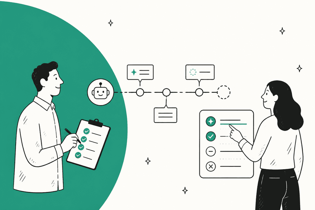 Hand-drawn illustration of two people reviewing an AI agent's graded trace checklist, for a guide to OpenAI Trace Grading in 2026