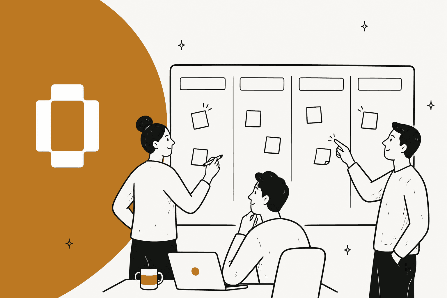 Hand-drawn illustration of a support team comparing options on a whiteboard next to the Open logo on a gold shape