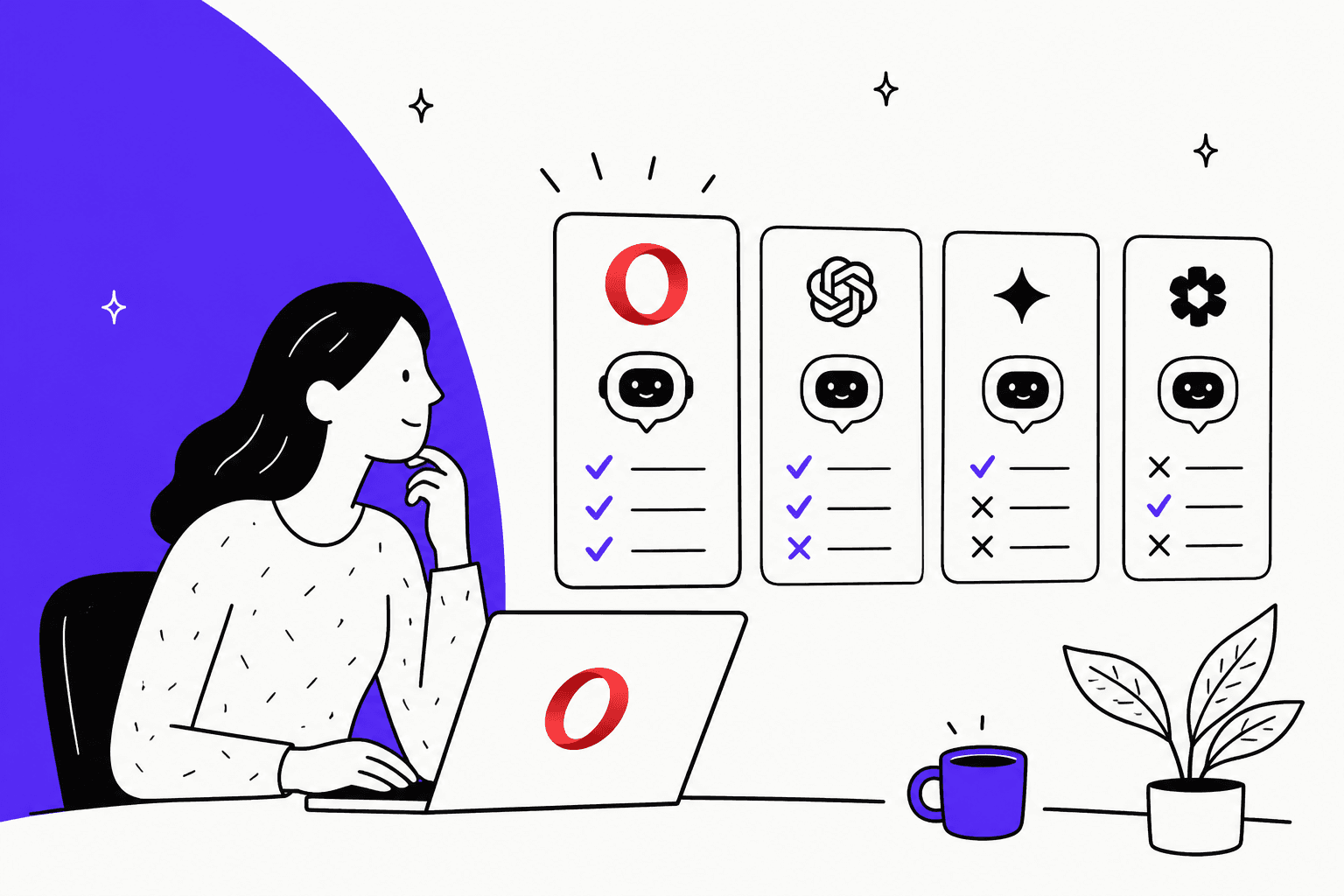 Hand-drawn illustration of a person at a laptop comparing four browser AI assistant cards, with the Opera logo on the screen, for the 2026 Opera Aria alternatives roundup