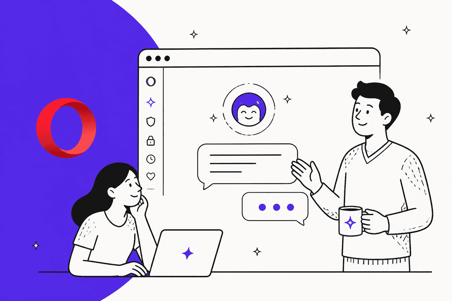 Hand-drawn illustration of two people chatting beside a browser window with an AI chat panel, with the Opera logo on a purple half circle, for the 2026 Opera Aria overview