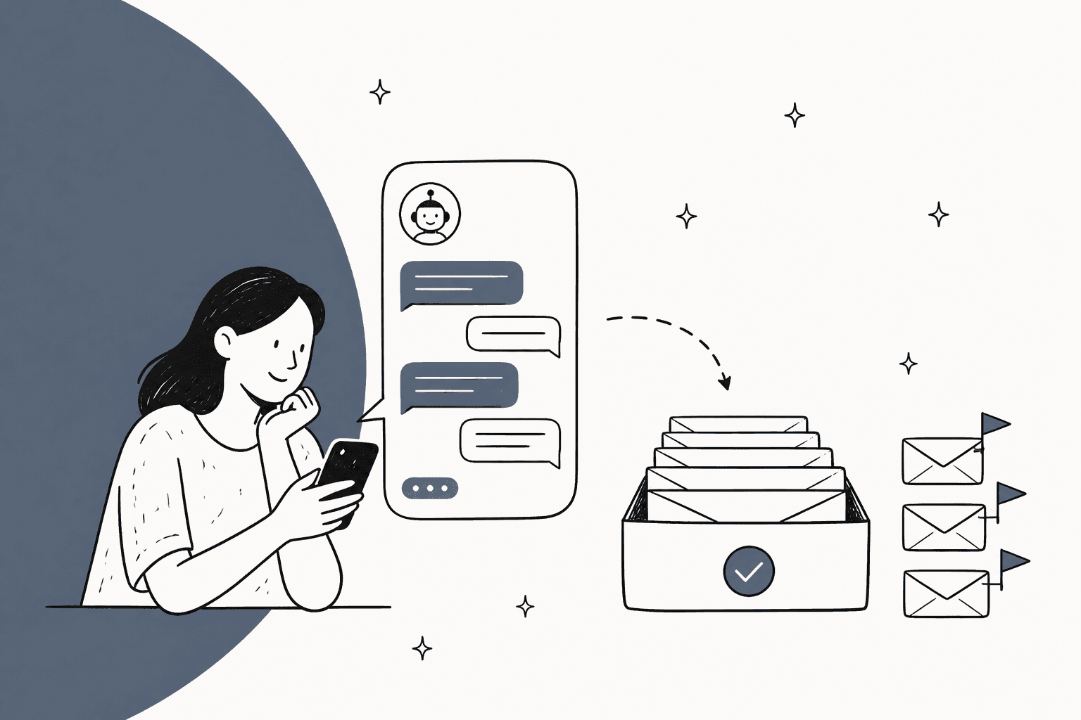 Hand-drawn hero in slate blue: a person reading a text thread from an assistant on their phone while a tray of emails gets filed and three flagged emails wait to the side
