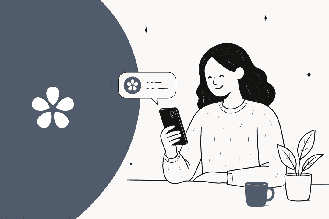 Hand-drawn hero banner for an Orchid AI review, showing a person smiling at their phone while a message bubble with the Orchid flower logo pops up beside them