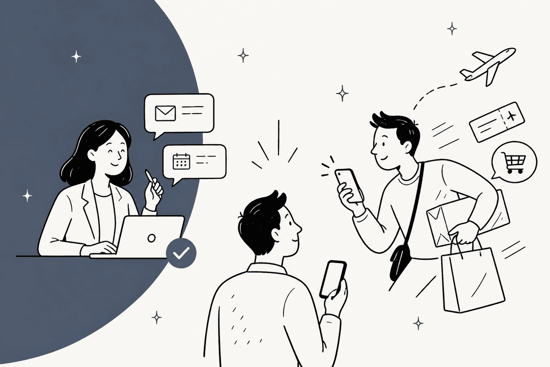 Hand-drawn hero banner of a person with a phone choosing between two assistants: one at a laptop handling email and calendar with an approval check mark, the other rushing off with shopping bags, tickets and a plane