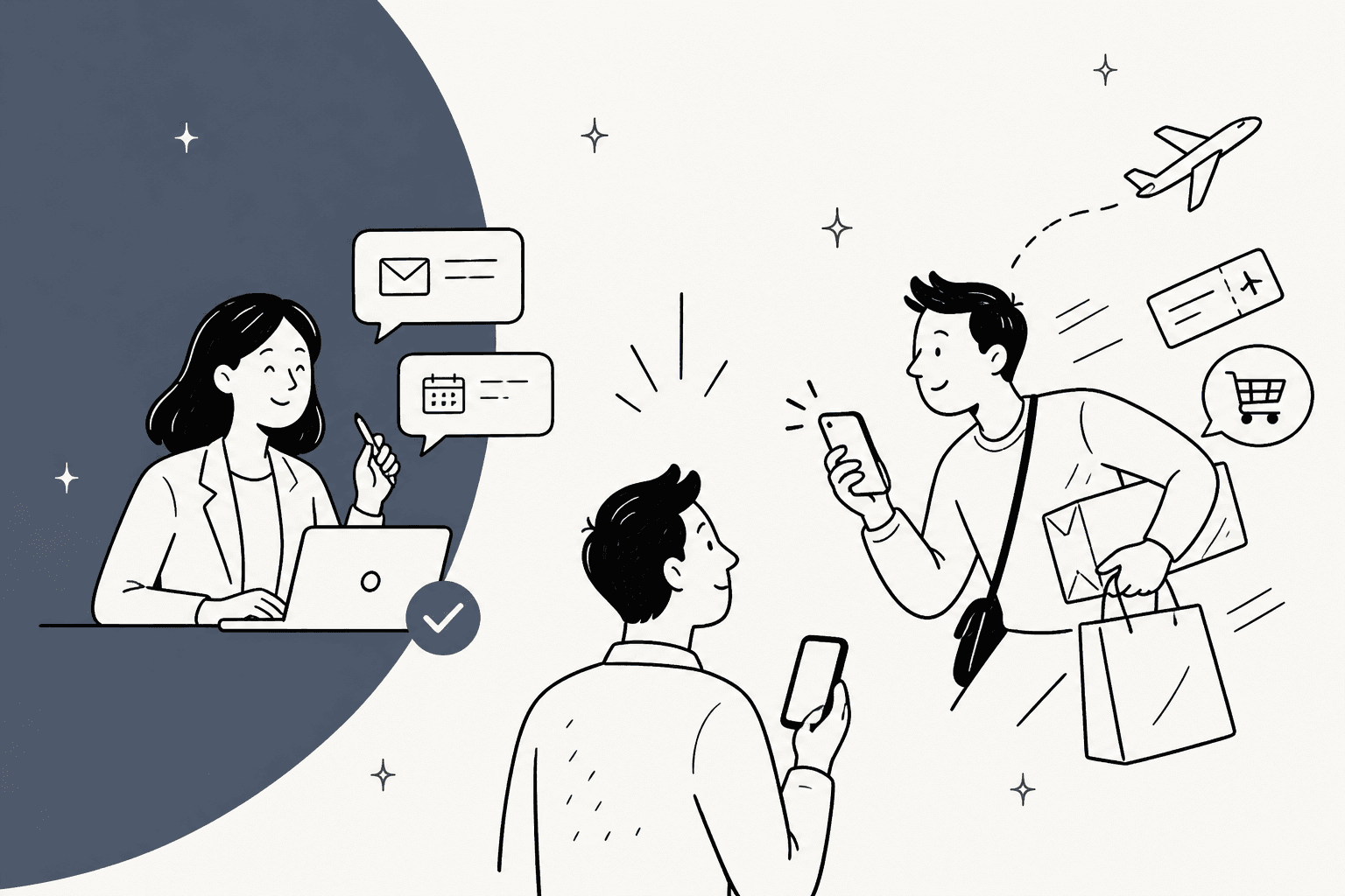 Hand-drawn hero banner of a person with a phone choosing between two assistants: one at a laptop handling email and calendar with an approval check mark, the other rushing off with shopping bags, tickets and a plane