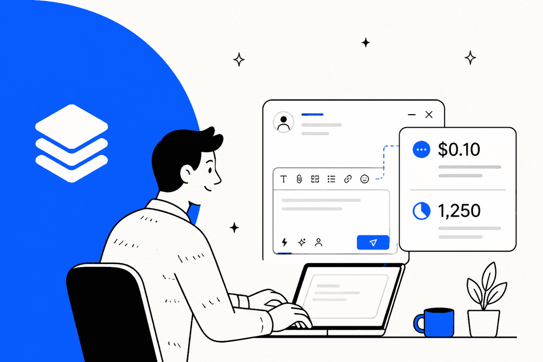 Hand-drawn hero banner in Ordemio blue: a support agent at a laptop with a ticket reply composer, a price card reading $0.10 and an answer counter beside it