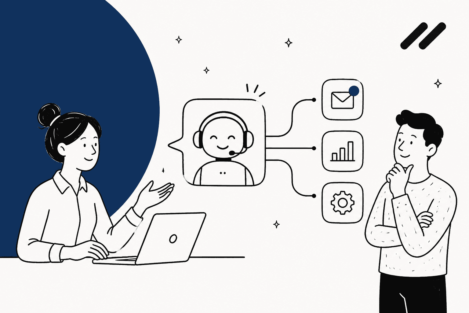 Illustrated support agent and teammate reviewing an AI support agent connected to email, analytics, and settings