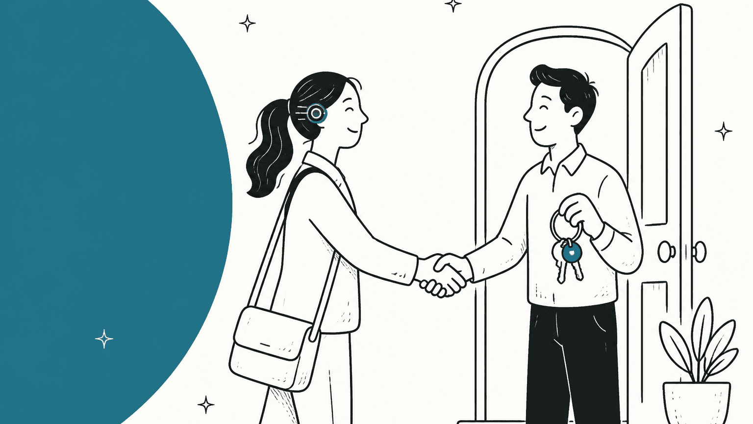 Hand-drawn illustration of a customer with an AI-agent earpiece shaking hands with a shopkeeper who holds a ring of keys at an open door