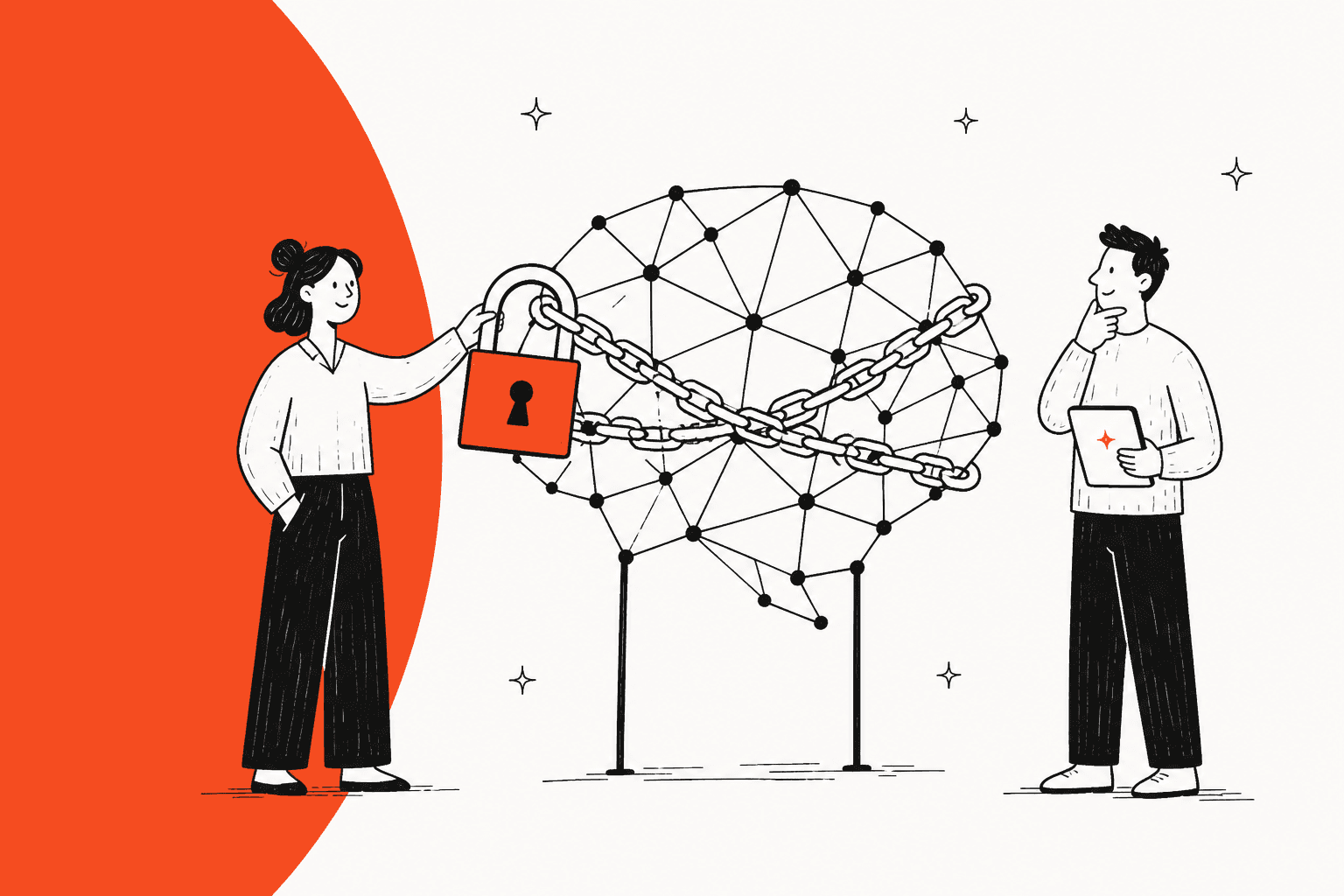 Hand-drawn illustration of two people locking a chained AI model with a padlock