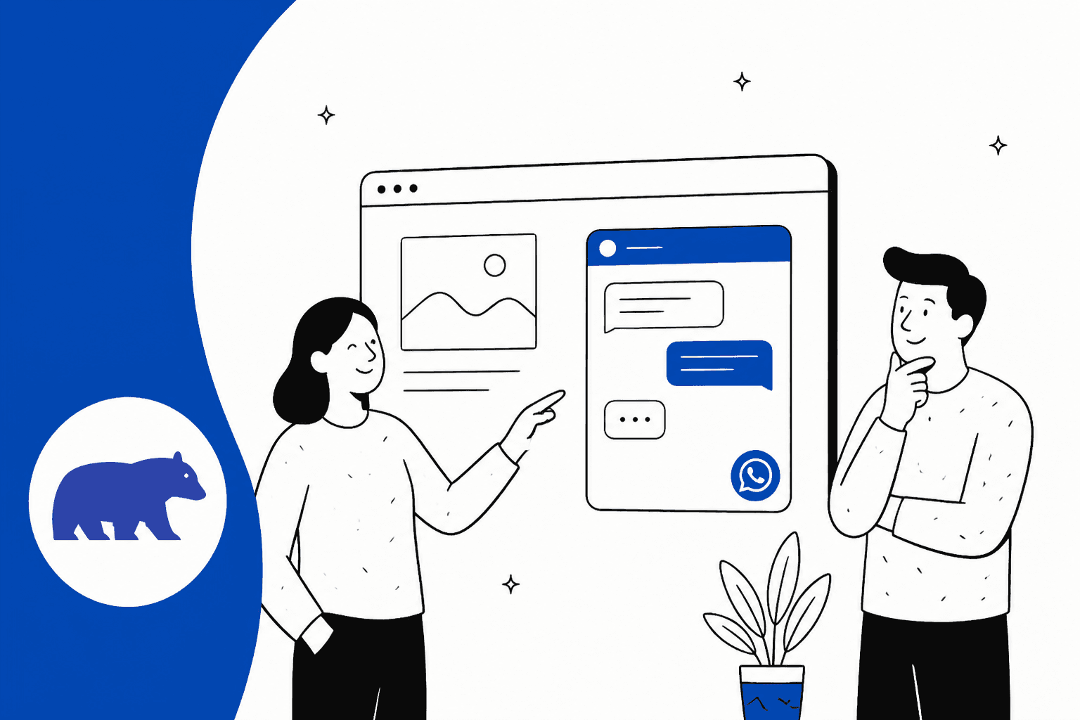 Hand-drawn illustration of two people looking at a website with a WhatsApp chat window, next to the PurpleBear bear logo on a blue band