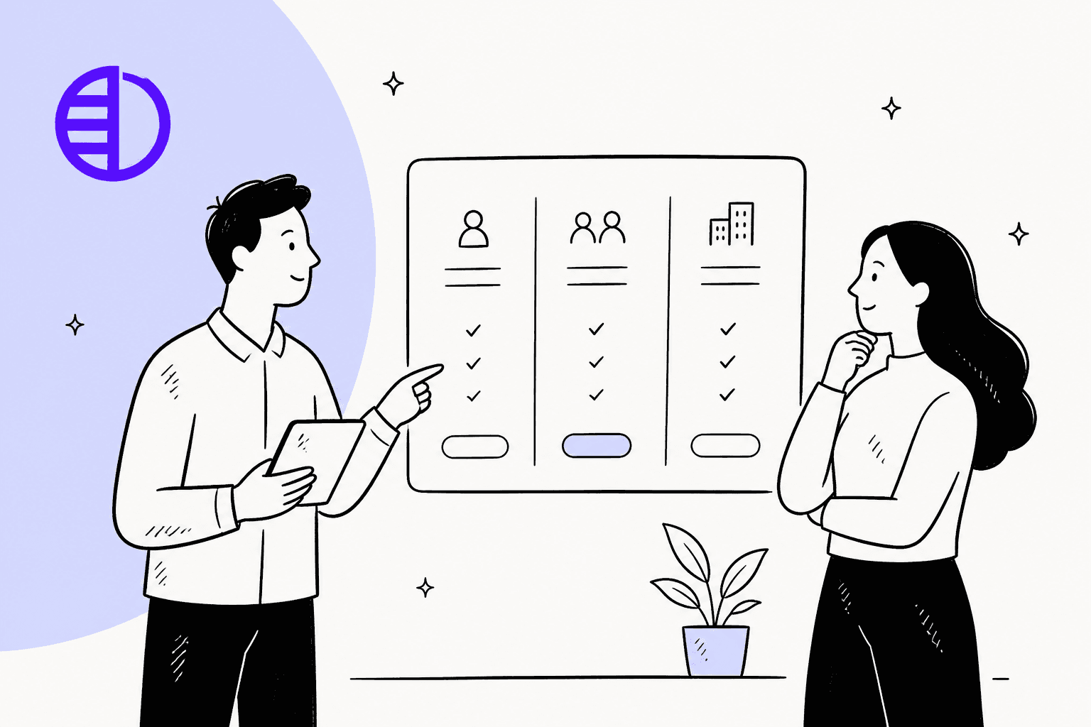 Hand-drawn illustration of two people comparing three pricing plan columns on a board