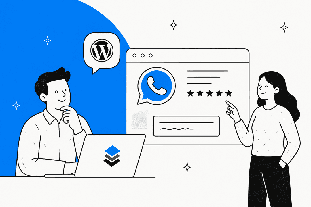 Hand-drawn illustration of a person at a laptop with the QuadLayers logo, a WordPress speech bubble and a website window showing a blue chat icon with five stars