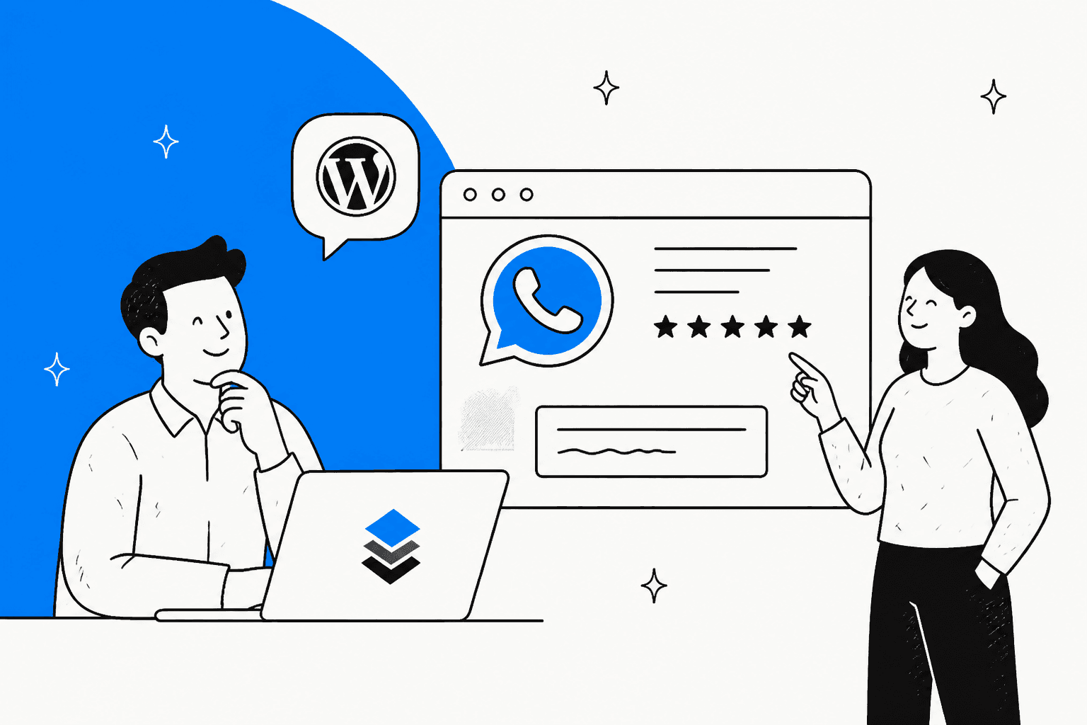 Hand-drawn illustration of a person at a laptop with the QuadLayers logo, a WordPress speech bubble and a website window showing a blue chat icon with five stars